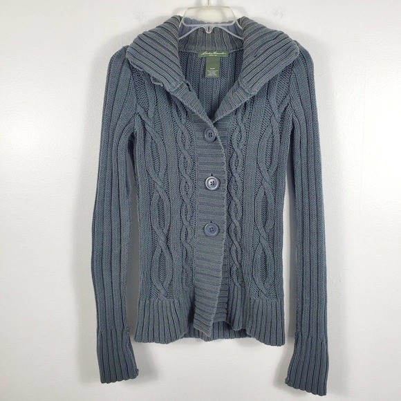 Eddie Bauer Cable Knit Cardigan Fishermans Sweater Long Sleeve Buttons Green XS - Picture 1 of 10